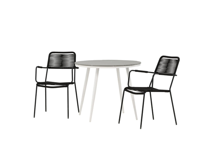 Venture Home Break - Dining Table Round- White / Grey - Alu / Aintwood - 90ø _1+ Lindos Armchair - Black Alu / Black Rope _2