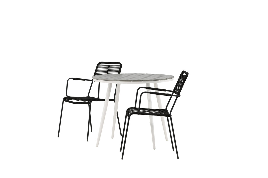 Venture Home Break - Dining Table Round- White / Grey - Alu / Aintwood - 90ø _1+ Lindos Armchair - Black Alu / Black Rope _2