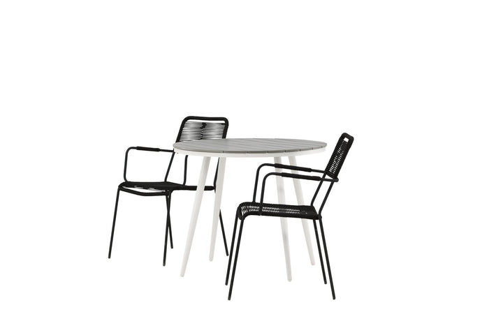 Venture Home Break - Dining Table Round- White / Grey - Alu / Aintwood - 90ø _1+ Lindos Armchair - Black Alu / Black Rope _2