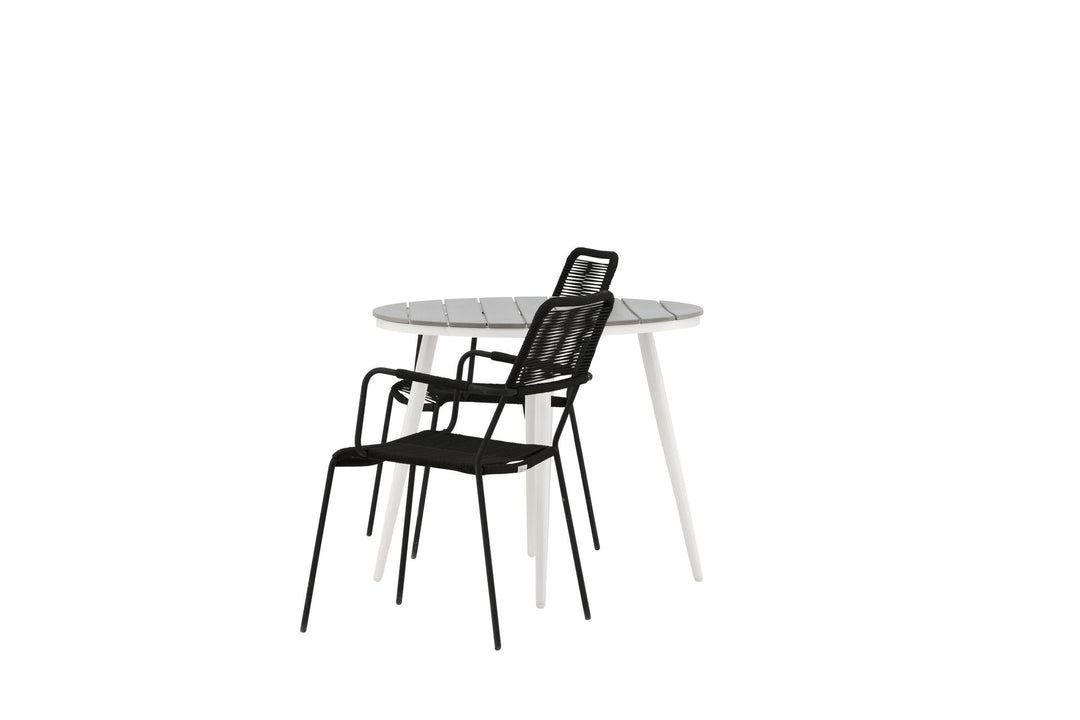 Venture Home Break - Dining Table Round- White / Grey - Alu / Aintwood - 90ø _1+ Lindos Armchair - Black Alu / Black Rope _2