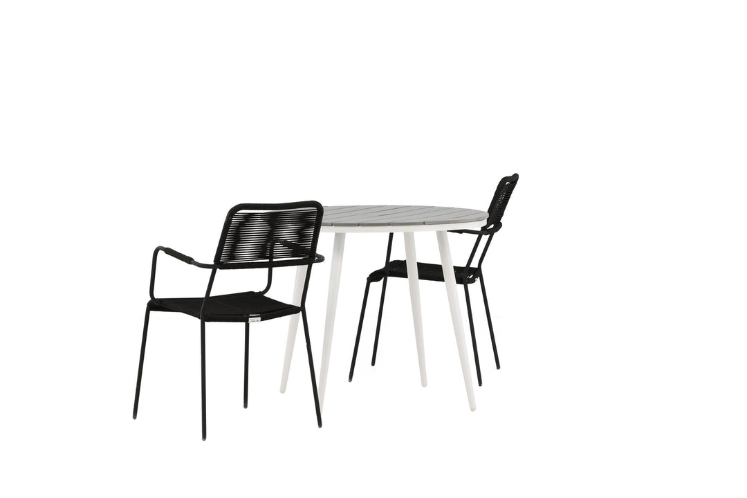 Venture Home Break - Dining Table Round- White / Grey - Alu / Aintwood - 90ø _1+ Lindos Armchair - Black Alu / Black Rope _2