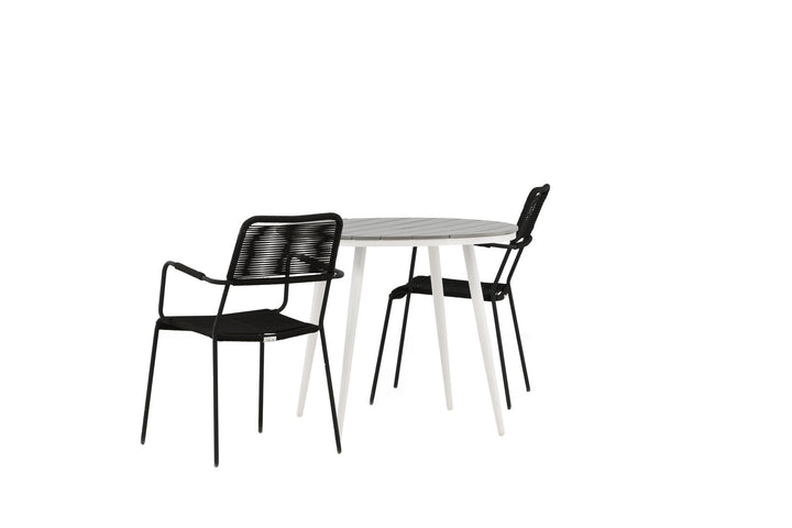 Venture Home Break - Dining Table Round- White / Grey - Alu / Aintwood - 90ø _1+ Lindos Armchair - Black Alu / Black Rope _2