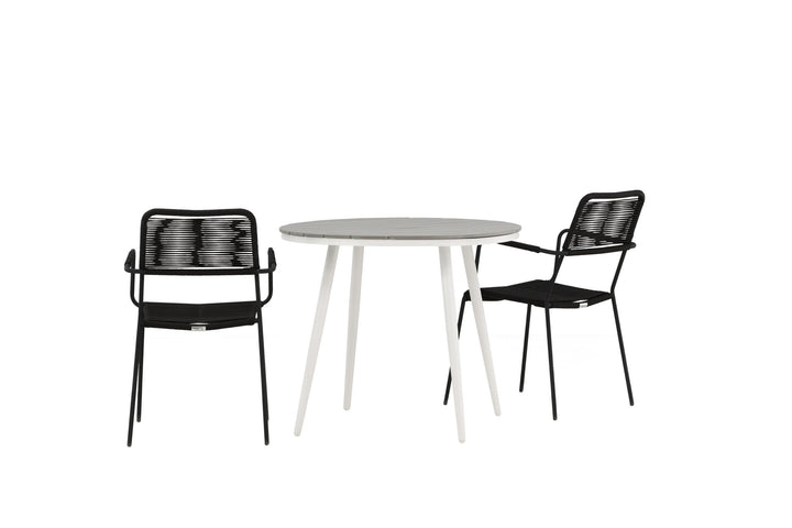 Venture Home Break - Dining Table Round- White / Grey - Alu / Aintwood - 90ø _1+ Lindos Armchair - Black Alu / Black Rope _2