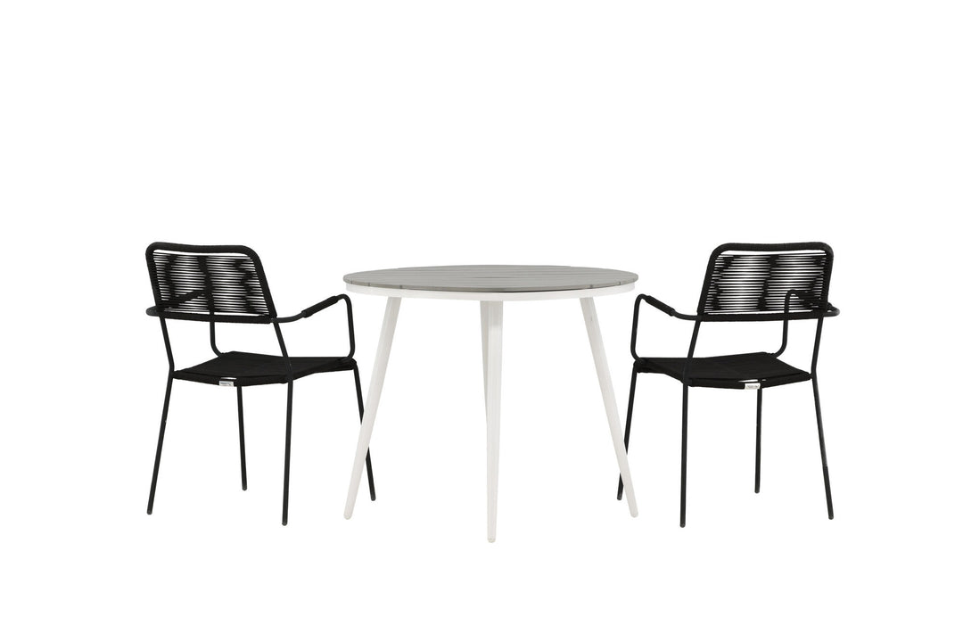 Venture Home Break - Dining Table Round- White / Grey - Alu / Aintwood - 90ø _1+ Lindos Armchair - Black Alu / Black Rope _2