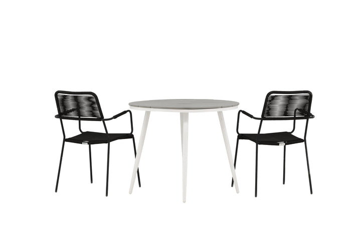 Venture Home Break - Dining Table Round- White / Grey - Alu / Aintwood - 90ø _1+ Lindos Armchair - Black Alu / Black Rope _2