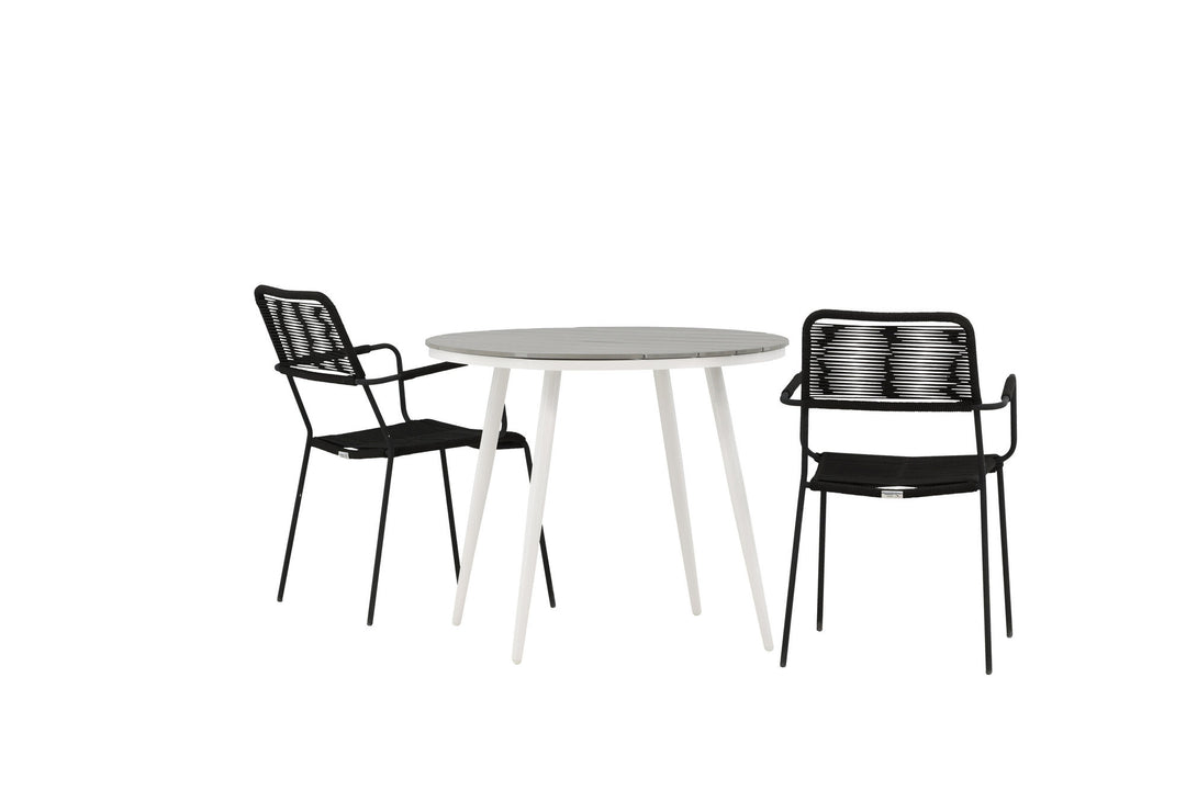 Venture Home Break - Dining Table Round- White / Grey - Alu / Aintwood - 90ø _1+ Lindos Armchair - Black Alu / Black Rope _2