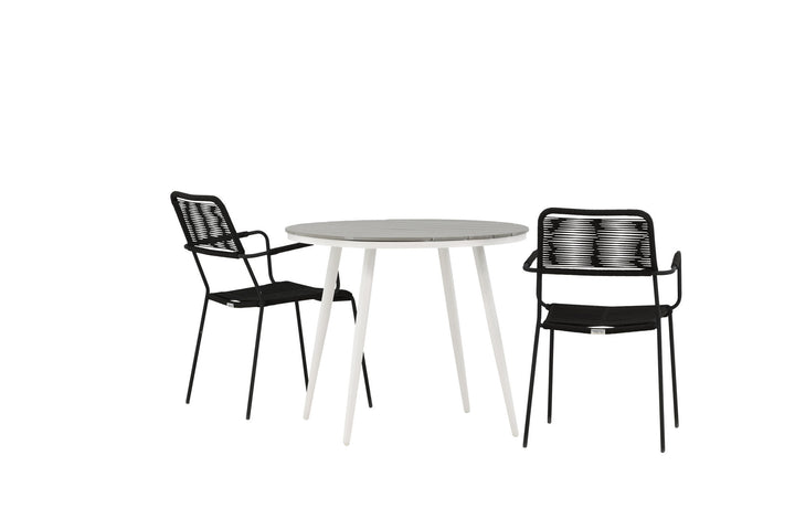 Venture Home Break - Dining Table Round- White / Grey - Alu / Aintwood - 90ø _1+ Lindos Armchair - Black Alu / Black Rope _2