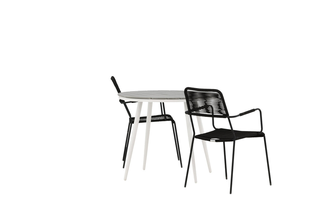 Venture Home Break - Dining Table Round- White / Grey - Alu / Aintwood - 90ø _1+ Lindos Armchair - Black Alu / Black Rope _2