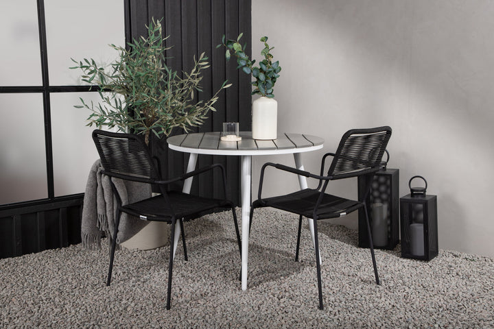 Venture Home Break - Dining Table Round- White / Grey - Alu / Aintwood - 90ø _1+ Lindos Armchair - Black Alu / Black Rope _2