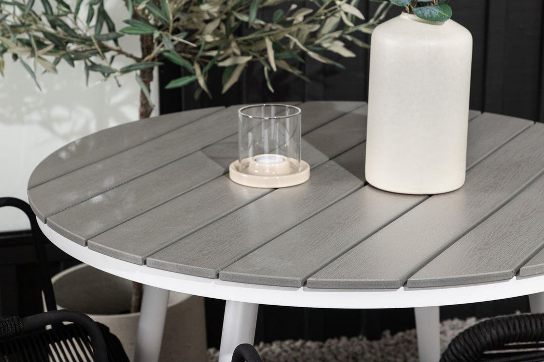 Venture Home Break - Dining Table Round- White / Grey - Alu / Aintwood - 90ø _1+ Lindos Armchair - Black Alu / Black Rope _2