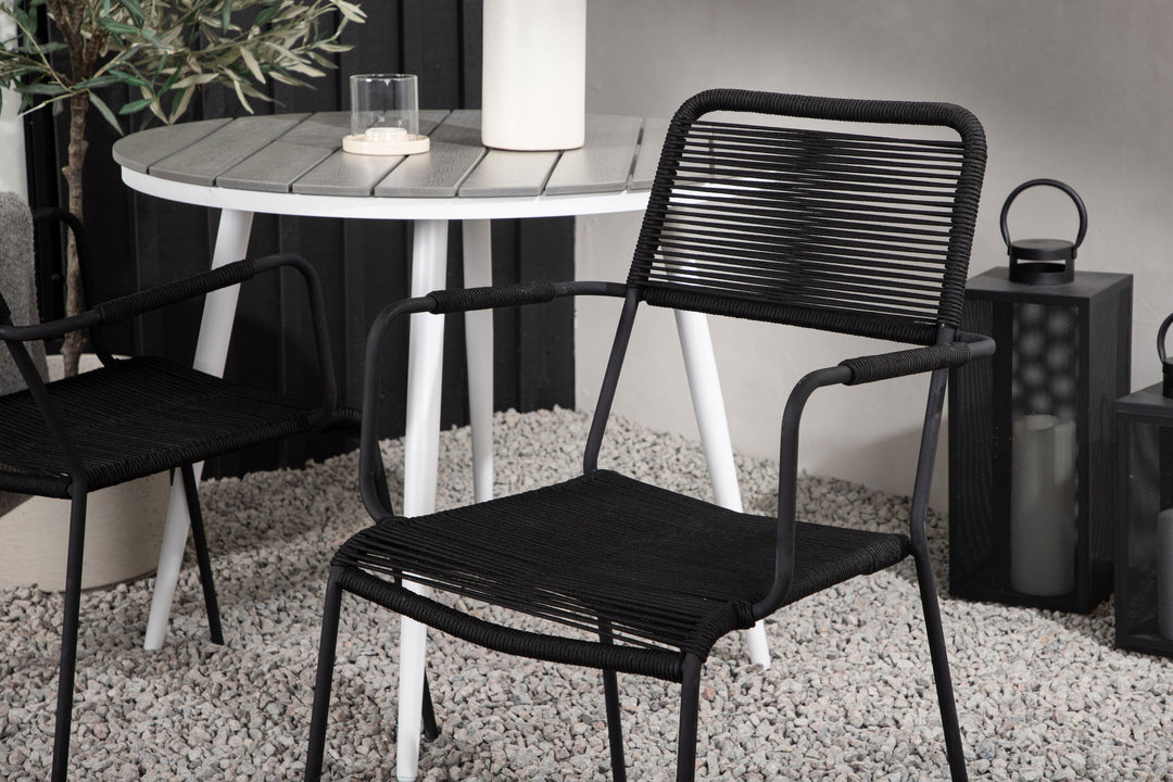 Venture Home Break - Dining Table Round- White / Grey - Alu / Aintwood - 90ø _1+ Lindos Armchair - Black Alu / Black Rope _2