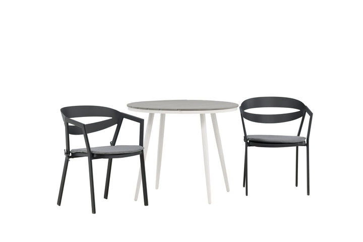 Venture Home Break - Dining Table Round- White / Grey - Alu / Aintwood - 90ø _1+ Slit - Dining Chair inc Cushion- Black /Grey - Aluminium - _2