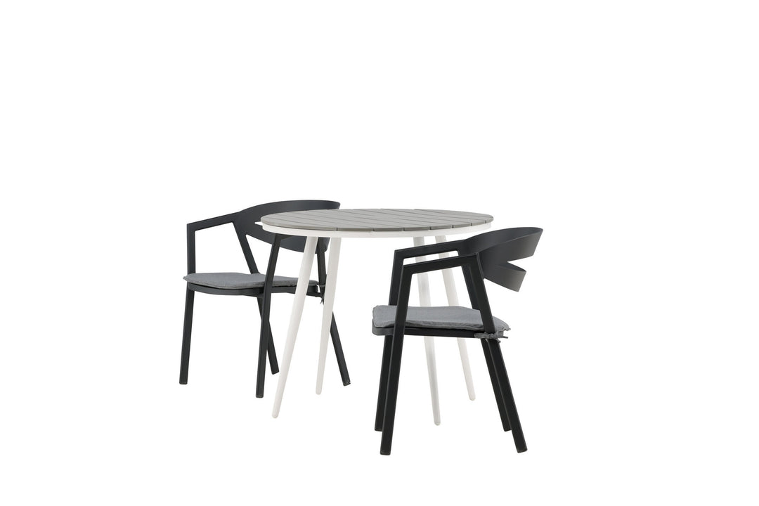 Venture Home Break - Dining Table Round- White / Grey - Alu / Aintwood - 90ø _1+ Slit - Dining Chair inc Cushion- Black /Grey - Aluminium - _2