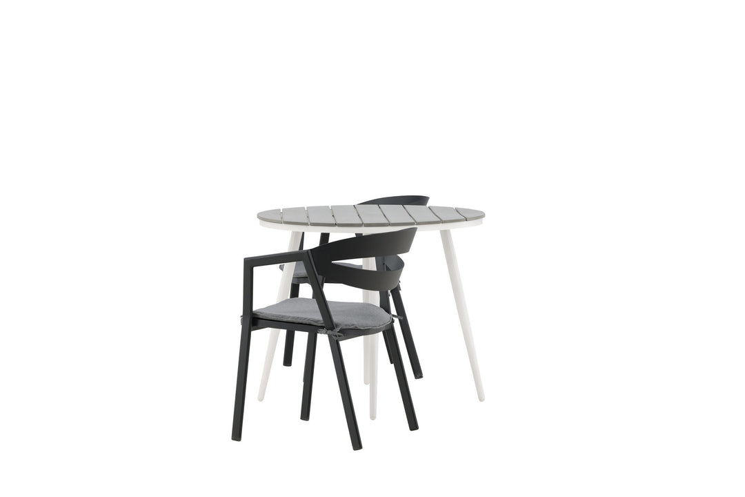 Venture Home Break - Dining Table Round- White / Grey - Alu / Aintwood - 90ø _1+ Slit - Dining Chair inc Cushion- Black /Grey - Aluminium - _2