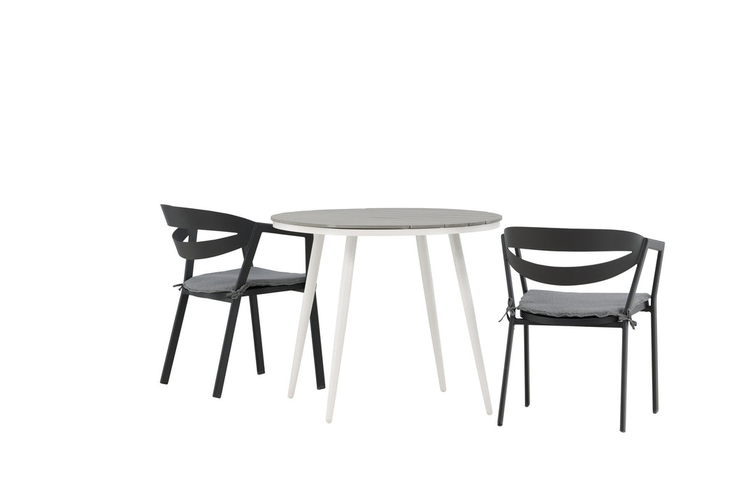 Venture Home Break - Dining Table Round- White / Grey - Alu / Aintwood - 90ø _1+ Slit - Dining Chair inc Cushion- Black /Grey - Aluminium - _2