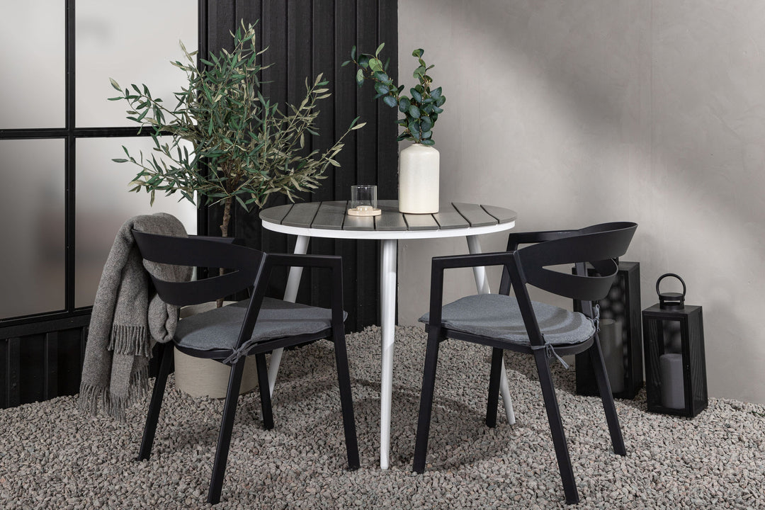 Venture Home Break - Dining Table Round- White / Grey - Alu / Aintwood - 90ø _1+ Slit - Dining Chair inc Cushion- Black /Grey - Aluminium - _2