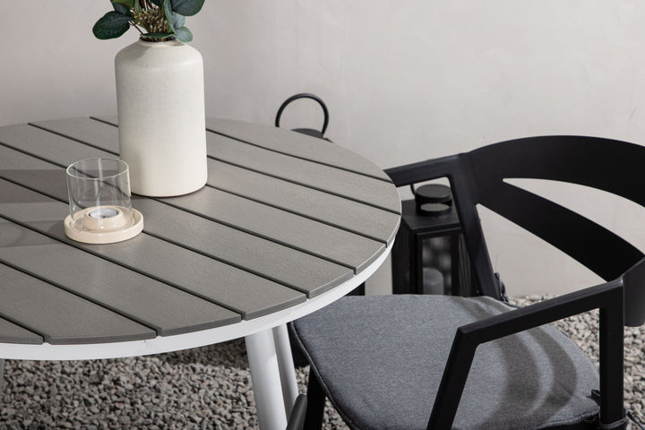 Venture Home Break - Dining Table Round- White / Grey - Alu / Aintwood - 90ø _1+ Slit - Dining Chair inc Cushion- Black /Grey - Aluminium - _2