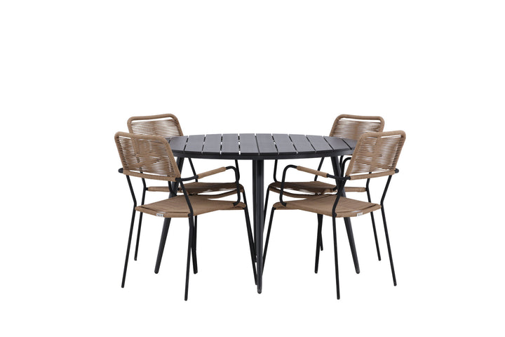 Venture Home Break - Dining Table Round- Black / Black - Alu / Aintwood - 120ø _1+ Lindos - Armchair - Black Alu / Latte Rope _4