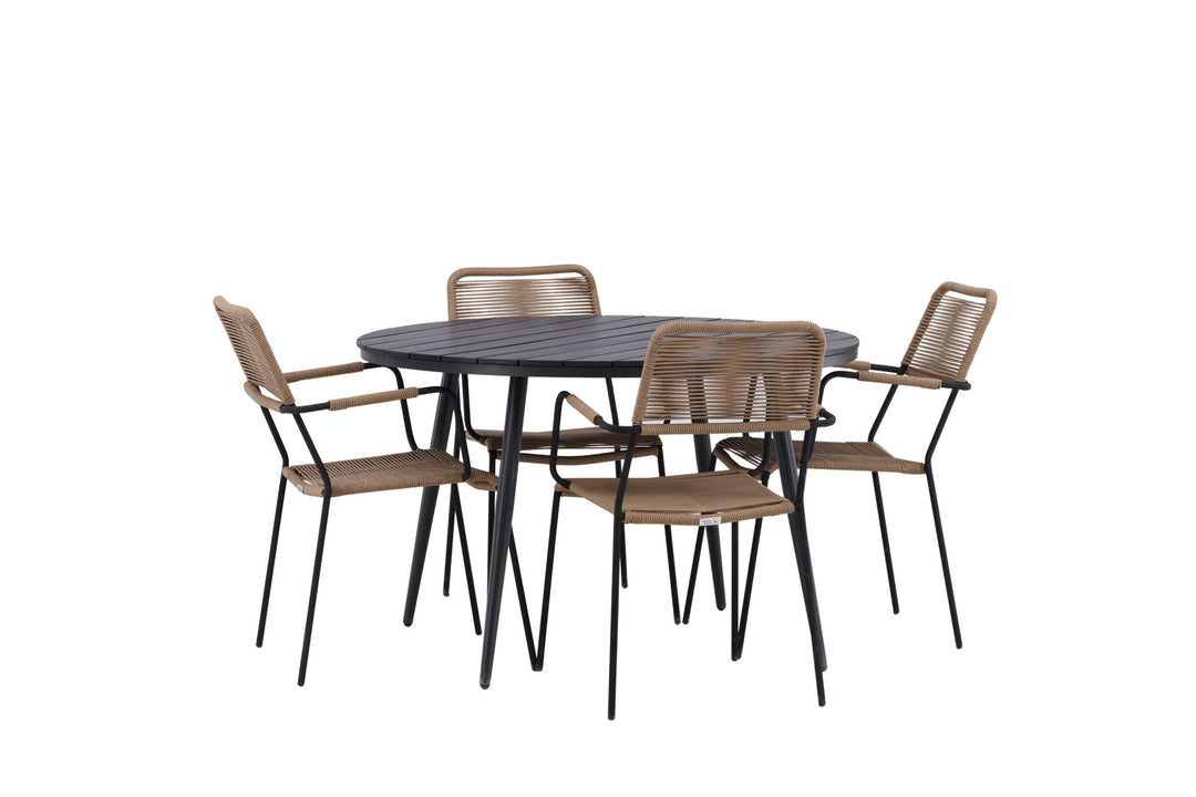 Venture Home Break - Dining Table Round- Black / Black - Alu / Aintwood - 120ø _1+ Lindos - Armchair - Black Alu / Latte Rope _4