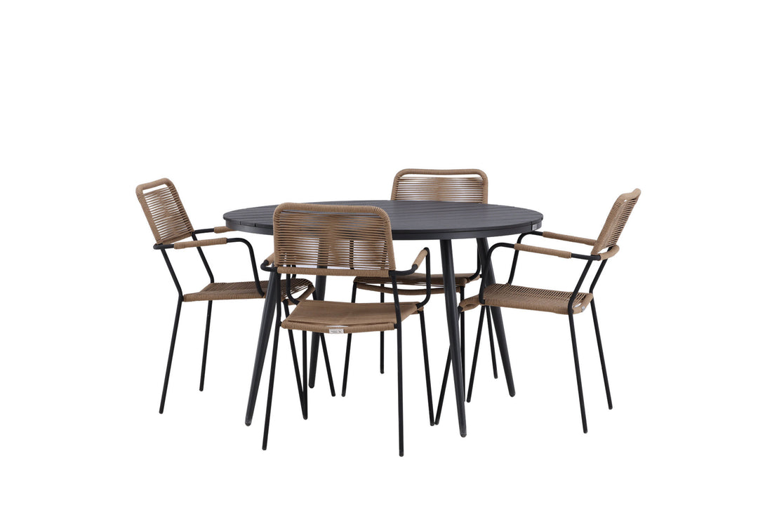 Venture Home Break - Dining Table Round- Black / Black - Alu / Aintwood - 120ø _1+ Lindos - Armchair - Black Alu / Latte Rope _4