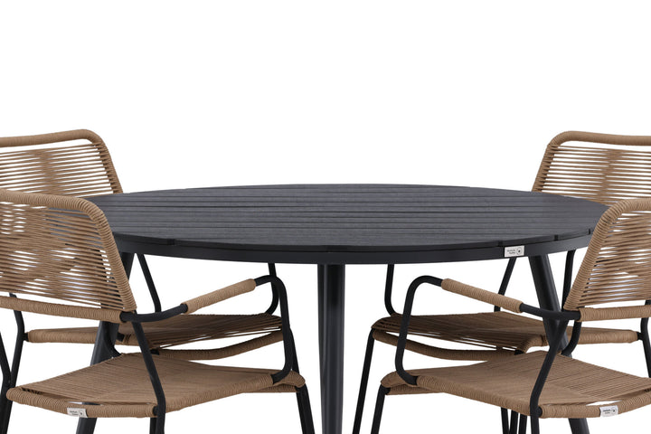 Venture Home Break - Dining Table Round- Black / Black - Alu / Aintwood - 120ø _1+ Lindos - Armchair - Black Alu / Latte Rope _4