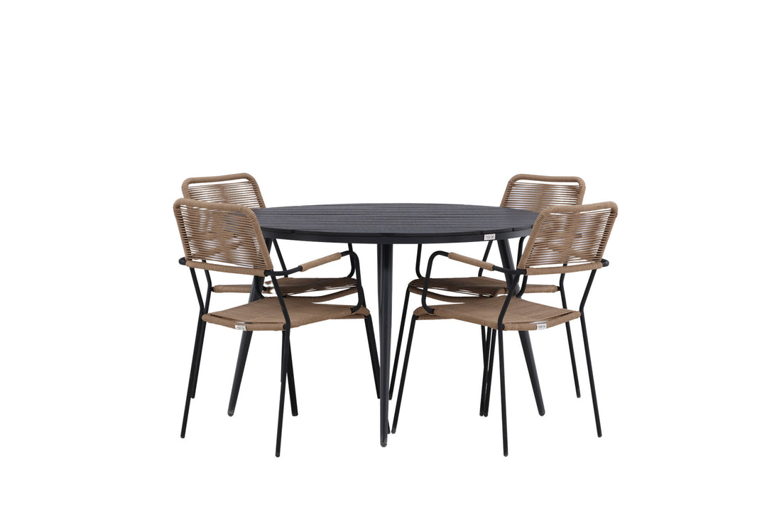 Venture Home Break - Dining Table Round- Black / Black - Alu / Aintwood - 120ø _1+ Lindos - Armchair - Black Alu / Latte Rope _4