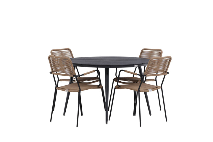 Venture Home Break - Dining Table Round- Black / Black - Alu / Aintwood - 120ø _1+ Lindos - Armchair - Black Alu / Latte Rope _4