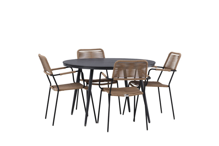 Venture Home Break - Dining Table Round- Black / Black - Alu / Aintwood - 120ø _1+ Lindos - Armchair - Black Alu / Latte Rope _4