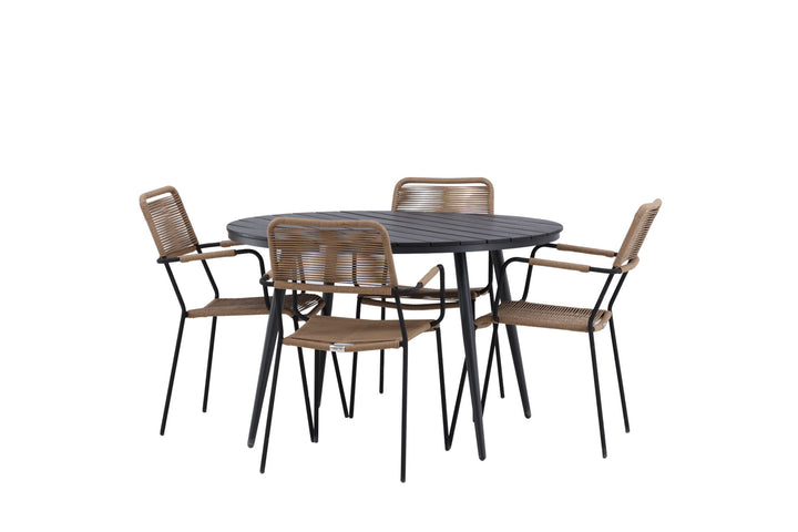 Venture Home Break - Dining Table Round- Black / Black - Alu / Aintwood - 120ø _1+ Lindos - Armchair - Black Alu / Latte Rope _4