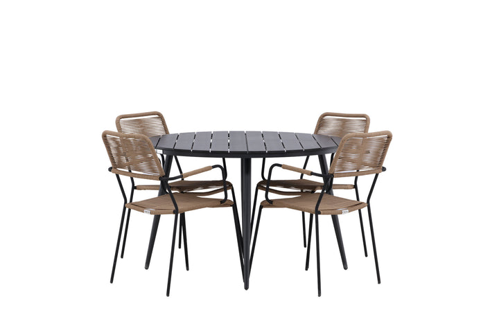 Venture Home Break - Dining Table Round- Black / Black - Alu / Aintwood - 120ø _1+ Lindos - Armchair - Black Alu / Latte Rope _4