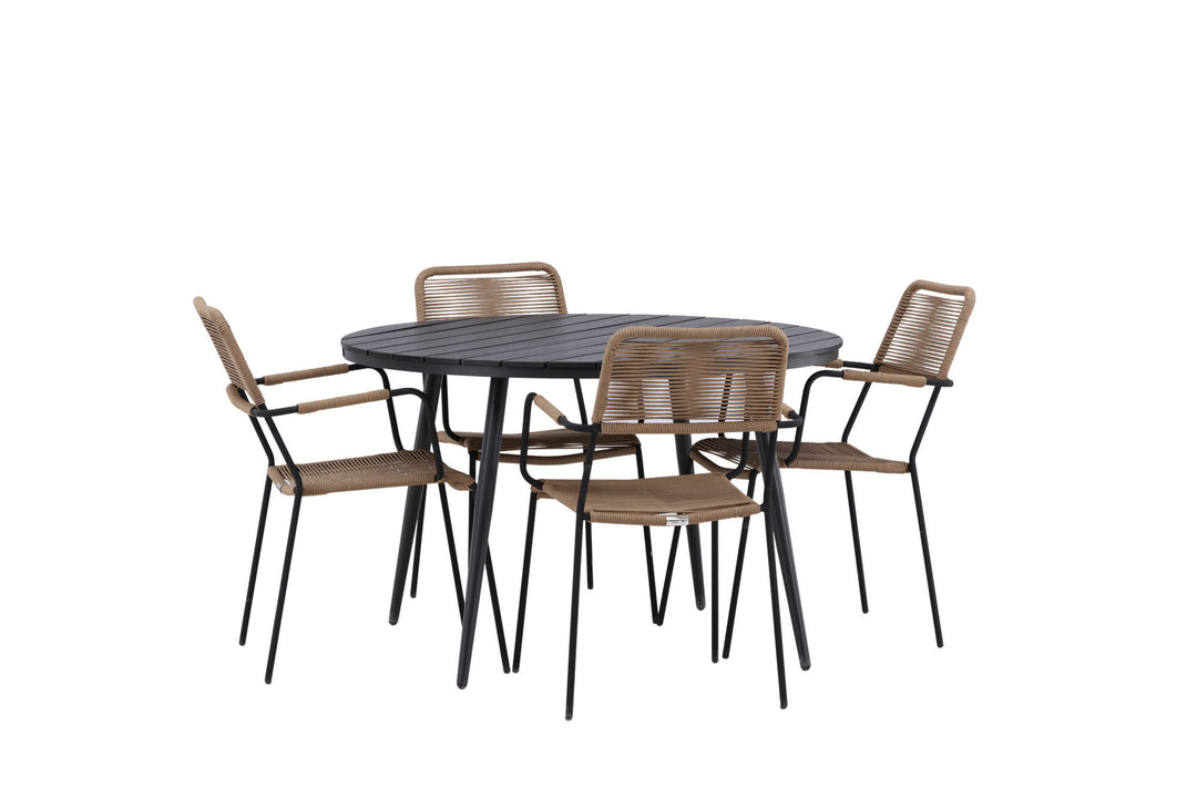 Venture Home Break - Dining Table Round- Black / Black - Alu / Aintwood - 120ø _1+ Lindos - Armchair - Black Alu / Latte Rope _4