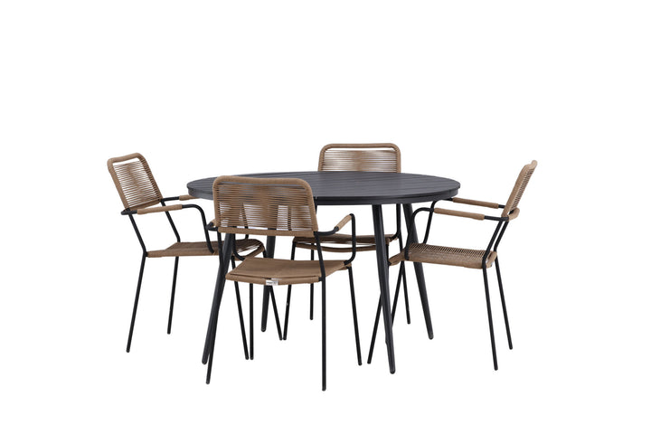 Venture Home Break - Dining Table Round- Black / Black - Alu / Aintwood - 120ø _1+ Lindos - Armchair - Black Alu / Latte Rope _4