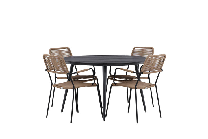 Venture Home Break - Dining Table Round- Black / Black - Alu / Aintwood - 120ø _1+ Lindos - Armchair - Black Alu / Latte Rope _4
