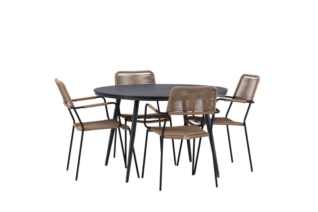 Venture Home Break - Dining Table Round- Black / Black - Alu / Aintwood - 120ø _1+ Lindos - Armchair - Black Alu / Latte Rope _4