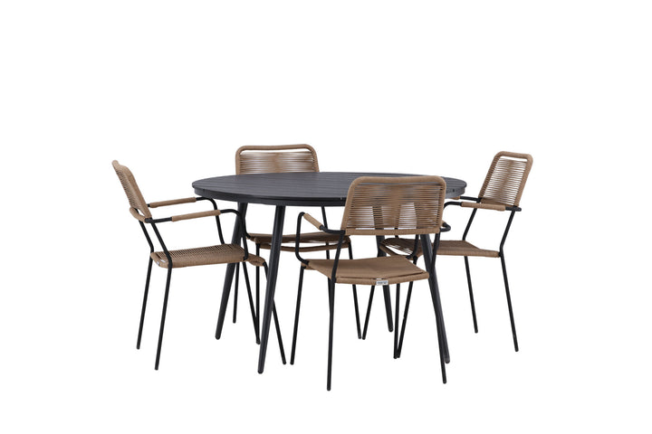 Venture Home Break - Dining Table Round- Black / Black - Alu / Aintwood - 120ø _1+ Lindos - Armchair - Black Alu / Latte Rope _4