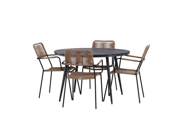 Venture Home Break - Dining Table Round- Black / Black - Alu / Aintwood - 120ø _1+ Lindos - Armchair - Black Alu / Latte Rope _4