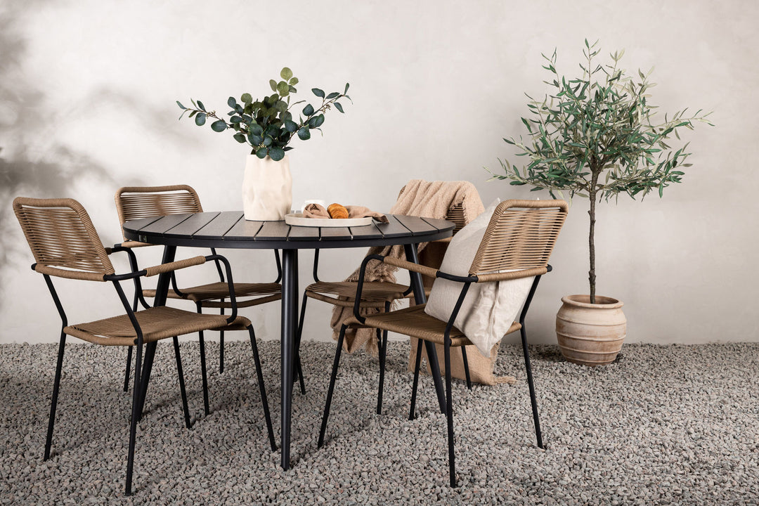 Venture Home Break - Dining Table Round- Black / Black - Alu / Aintwood - 120ø _1+ Lindos - Armchair - Black Alu / Latte Rope _4