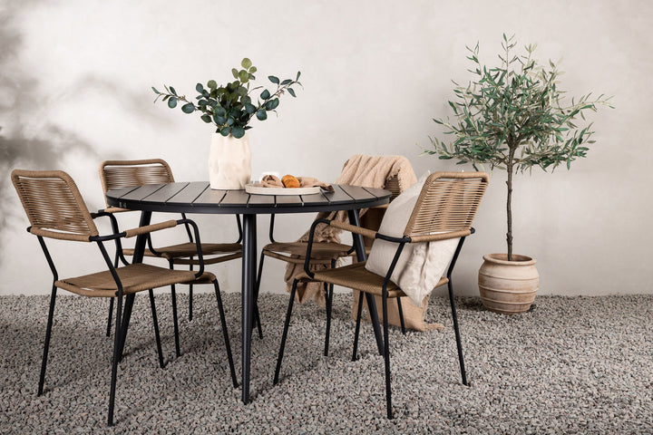 Venture Home Break - Dining Table Round- Black / Black - Alu / Aintwood - 120ø _1+ Lindos - Armchair - Black Alu / Latte Rope _4