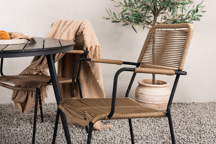 Venture Home Break - Dining Table Round- Black / Black - Alu / Aintwood - 120ø _1+ Lindos - Armchair - Black Alu / Latte Rope _4