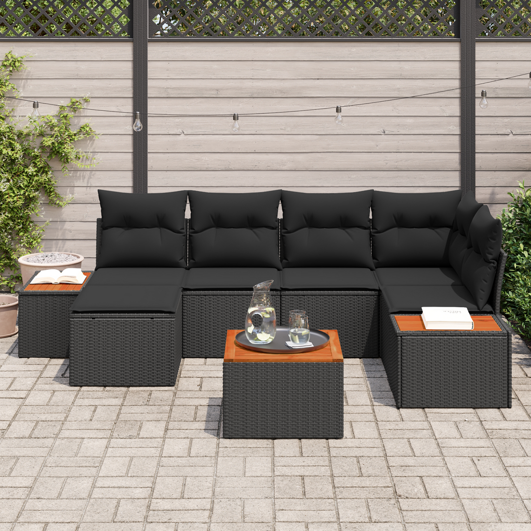 Havesofa Sæt med pude med opbevaring 7 pcs Sort Polyrattan
