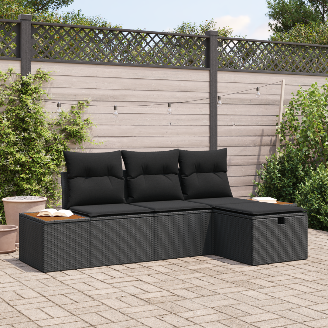 Havesofa Sæt med pude med opbevaring 4 pcs Sort polyrattan