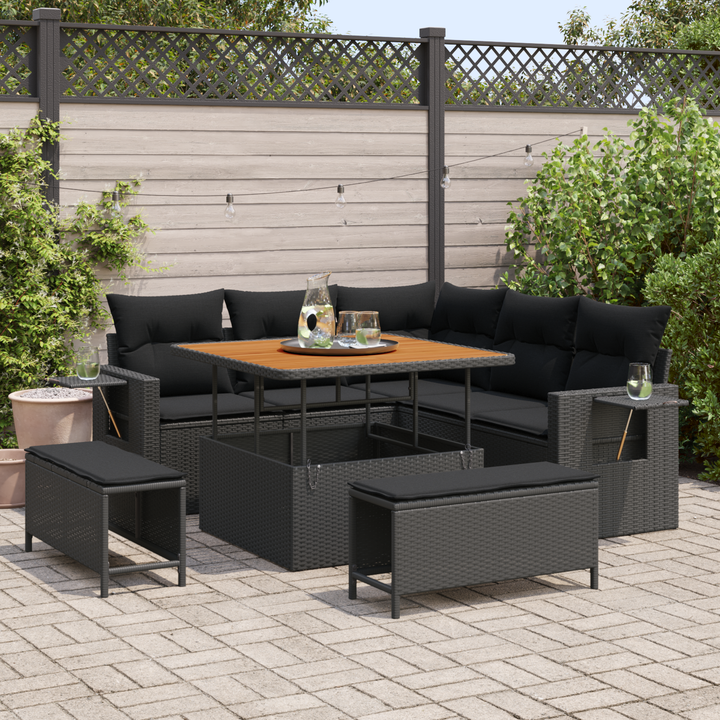 Havesofa Sæt med pude 9 pcs Sort polyrattan