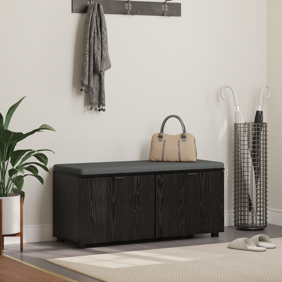 Hallbænk med pude Sort Eg 100 x 38 x 46 cm Kunstigt træ og stof