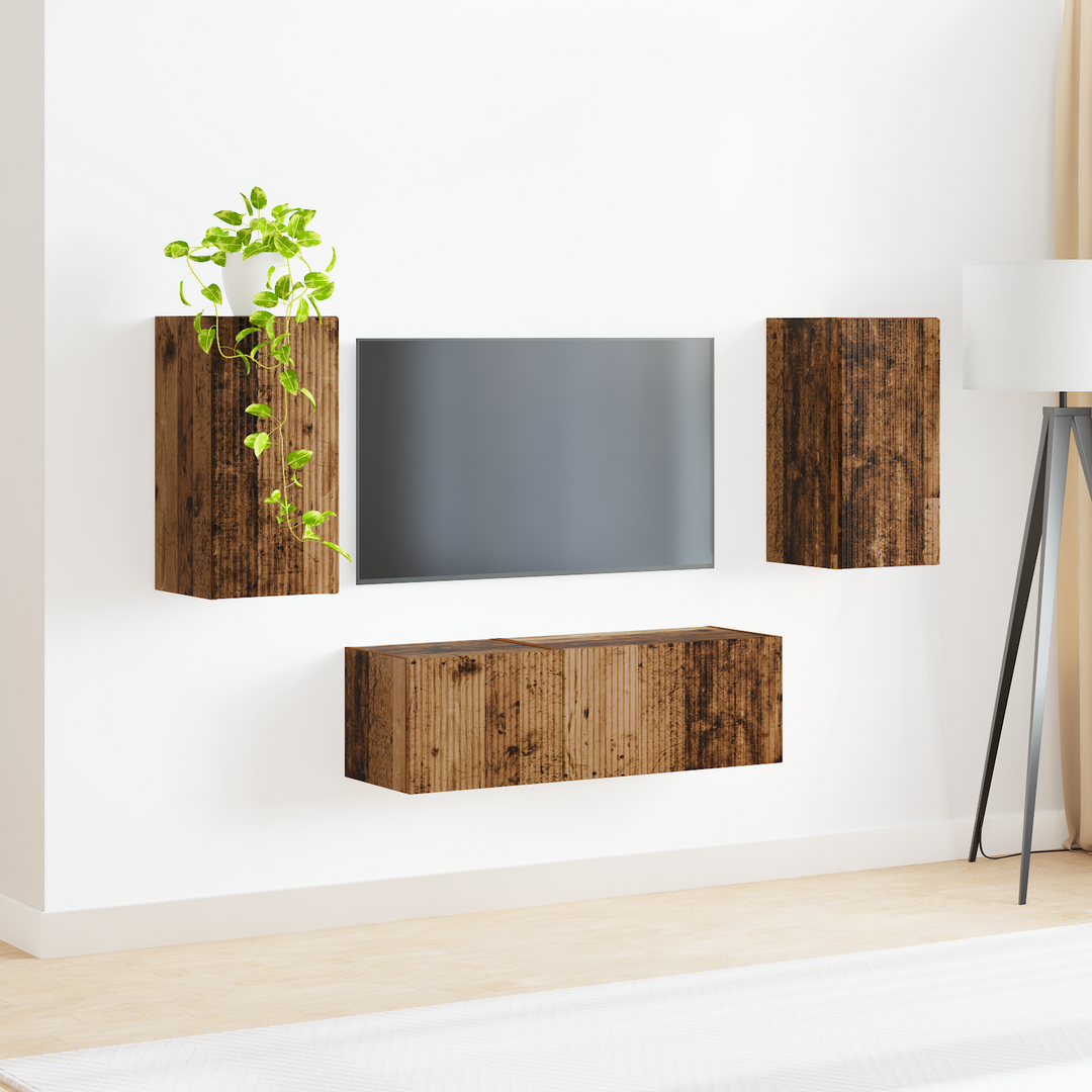 Tv vægskab sæt Vægmonteret 4 pcs Gammelt træ Konstrueret træ