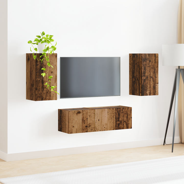 Tv vægskab sæt Vægmonteret 4 pcs Gammelt træ Konstrueret træ