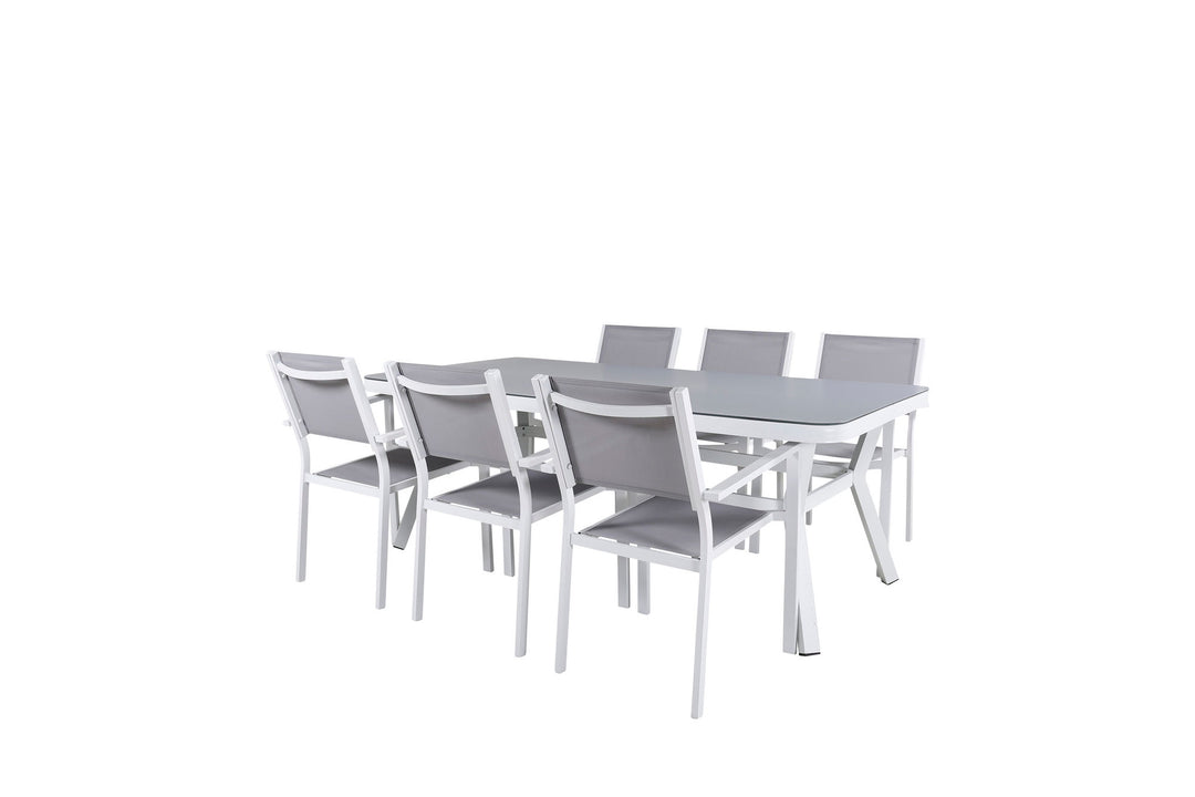 Venture Home Virya Dining Table - White Alu / Grey Glass - big table+Copacabana Stacking Chair - White/Grey_6