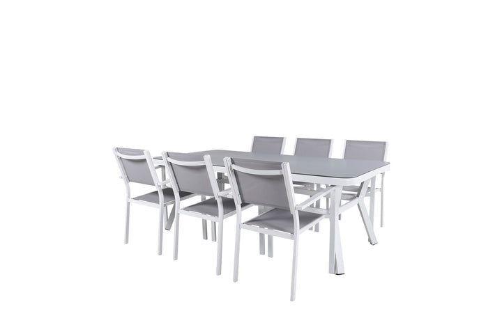 Venture Home Virya Dining Table - White Alu / Grey Glass - big table+Copacabana Stacking Chair - White/Grey_6
