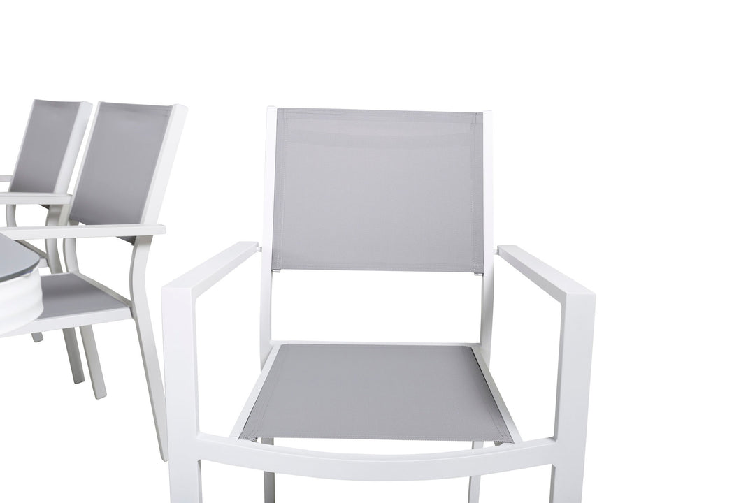 Venture Home Virya Dining Table - White Alu / Grey Glass - big table+Copacabana Stacking Chair - White/Grey_6