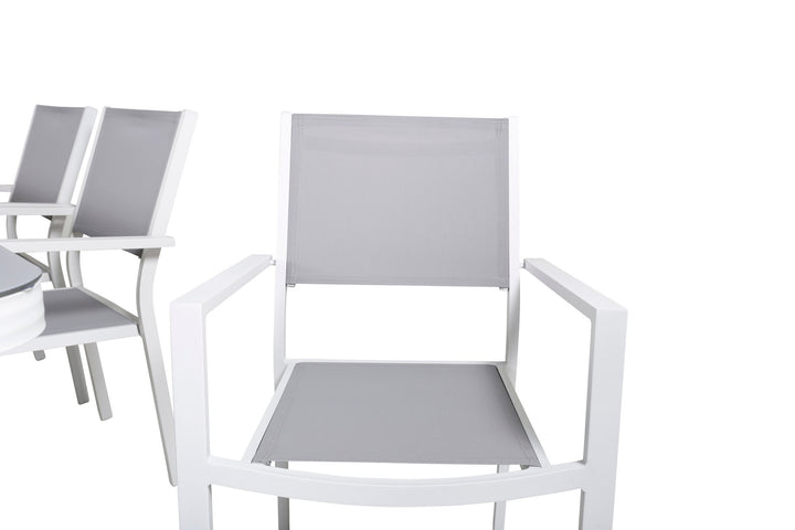 Venture Home Virya Dining Table - White Alu / Grey Glass - big table+Copacabana Stacking Chair - White/Grey_6