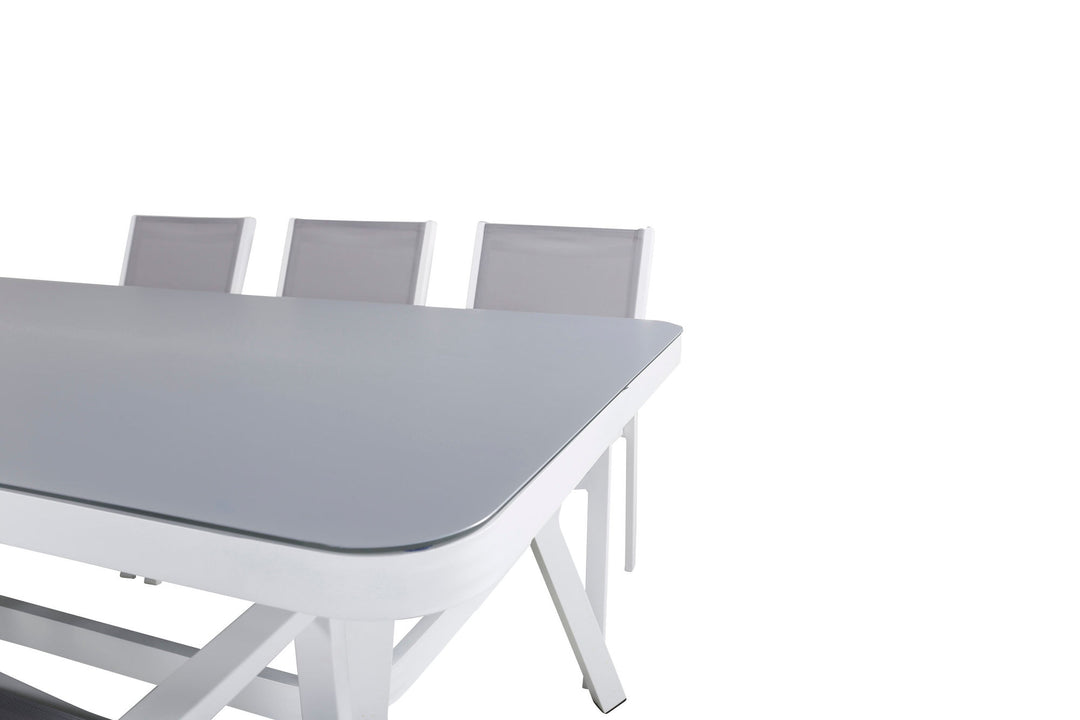 Venture Home Virya Dining Table - White Alu / Grey Glass - big table+Copacabana Stacking Chair - White/Grey_6